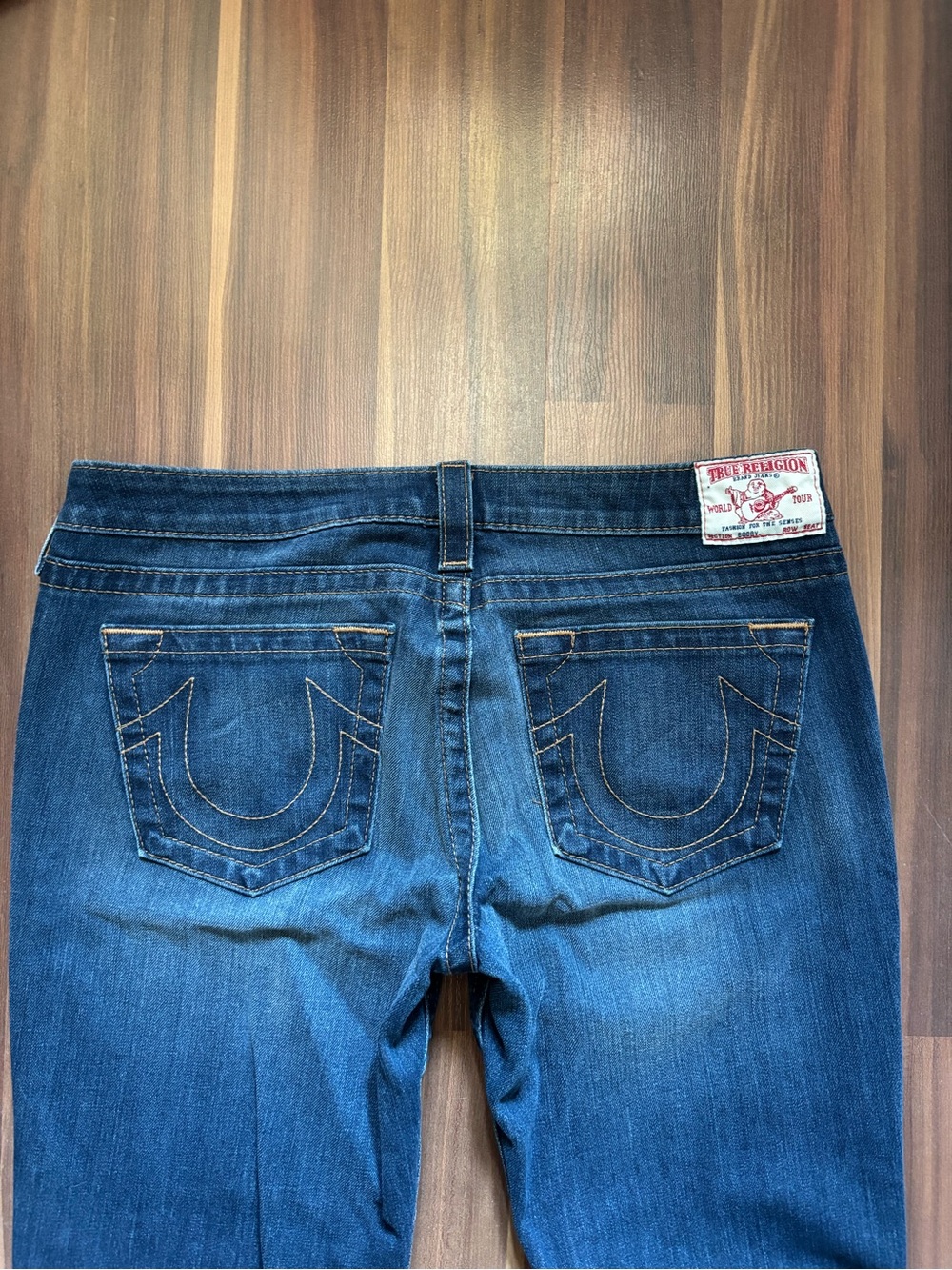 True Religion Women's Medium Blue Flare Jeans with Signature Pocket Stitching